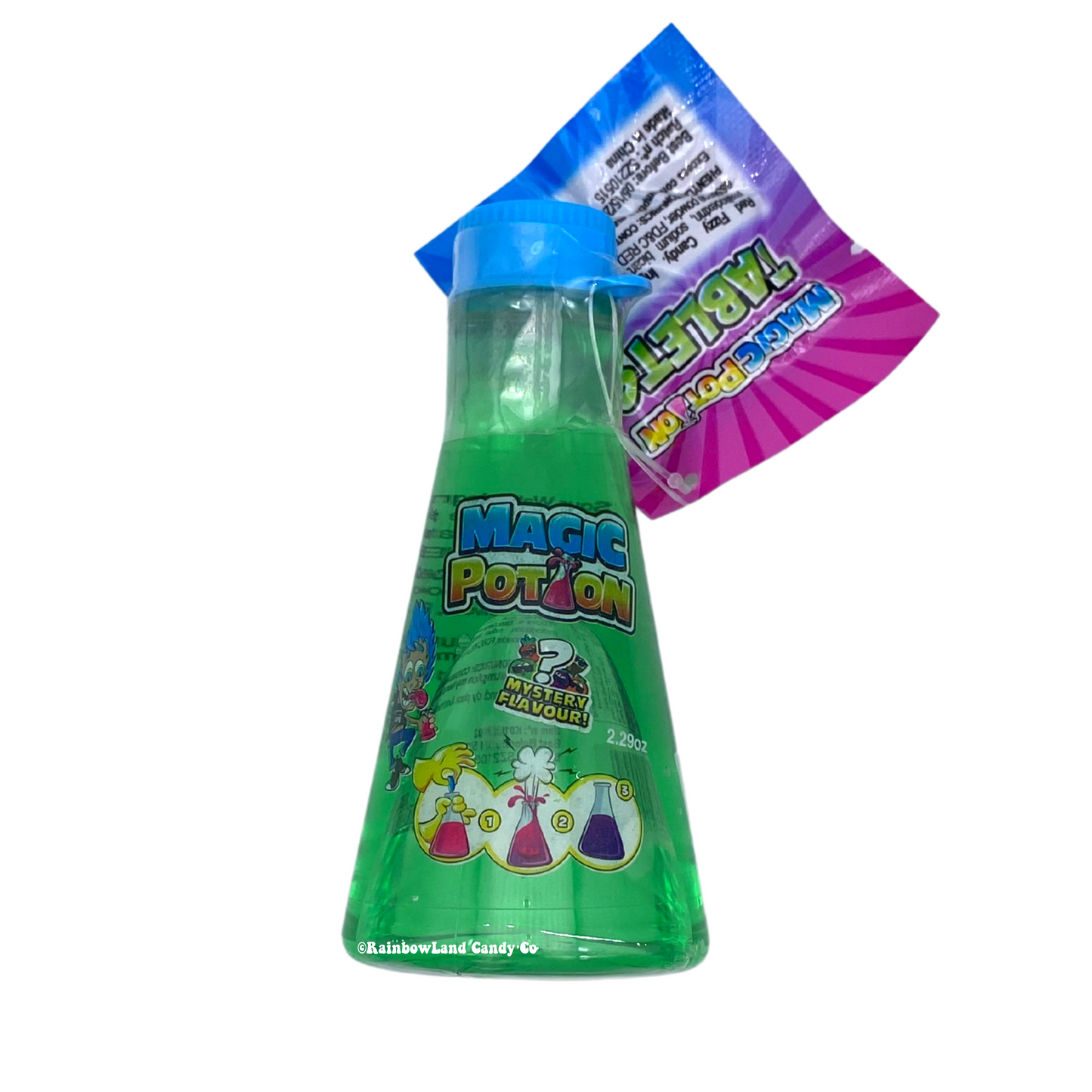 Magic Potion Liquid Candy with mystery flavor tablet and colorful packaging.