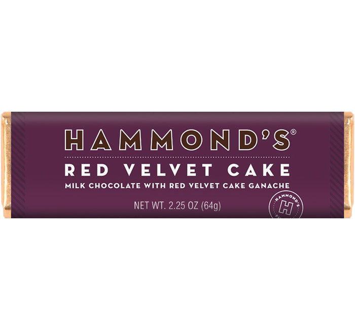 Hammond's Red Velvet Cake Chocolate Bar packaging featuring milk chocolate with red velvet cake ganache.