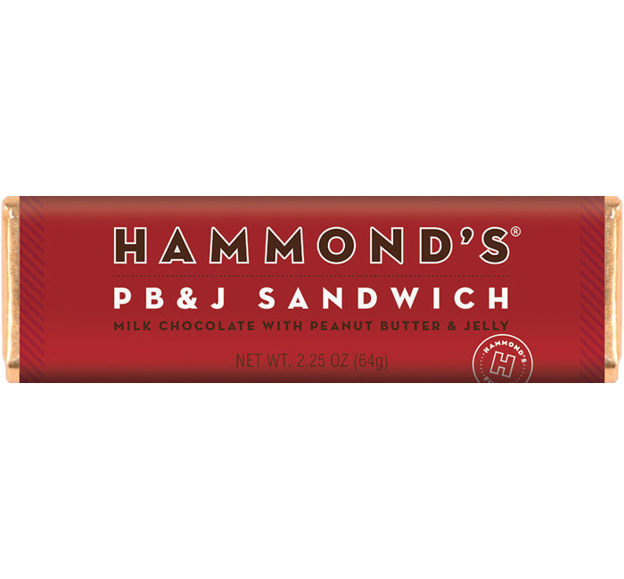 Red 2.25 oz Hammond's PB&J Sandwich Chocolate Bar wrapper featuring "Milk Chocolate with Peanut Butter & Jelly" labeling and the Hammond's brand logo on a bold red background.