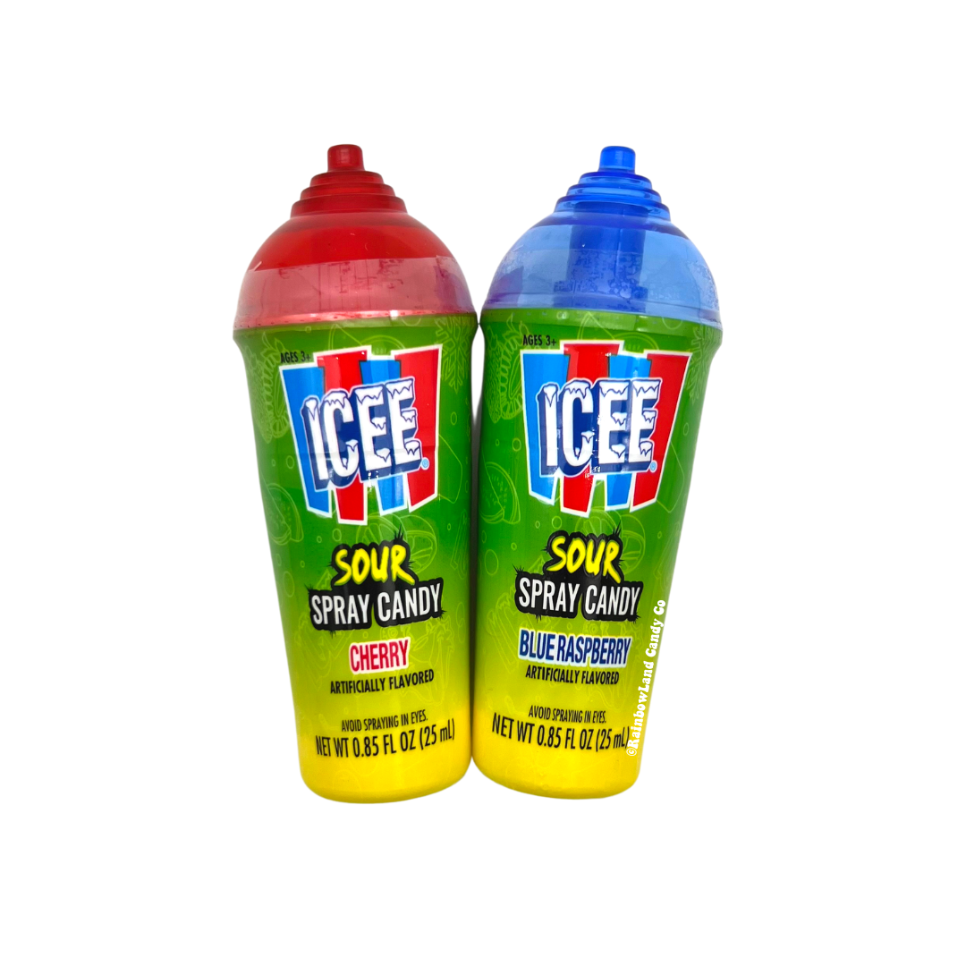 ICEE Sour Spray Candy in Cherry and Blue Raspberry flavors.