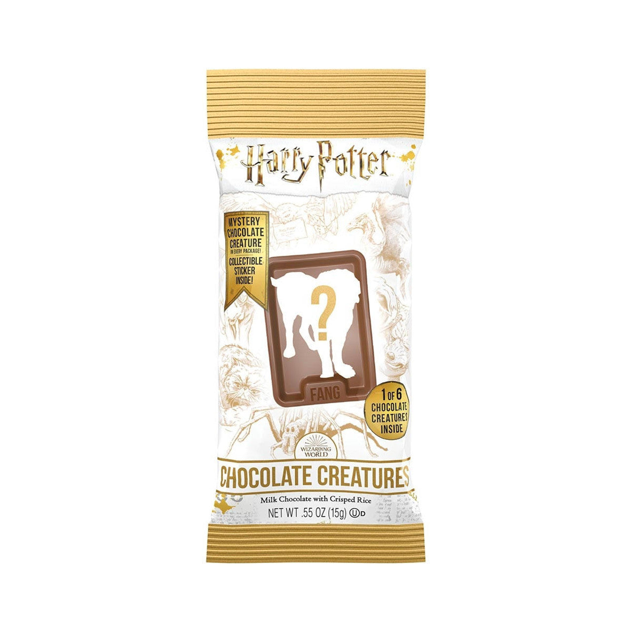 Harry Potter Chocolate Creatures packaging with a mystery creature image and crispy rice milk chocolate details.