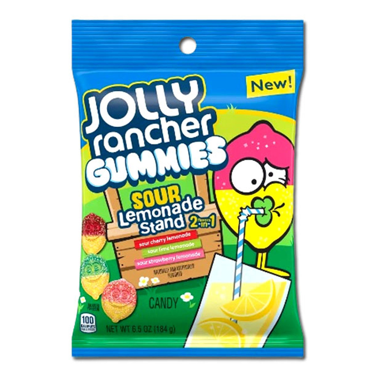 Jolly Rancher Gummies Sour Lemonade Stand 6.5 oz bag with sour cherry, lime, and strawberry lemonade flavors.