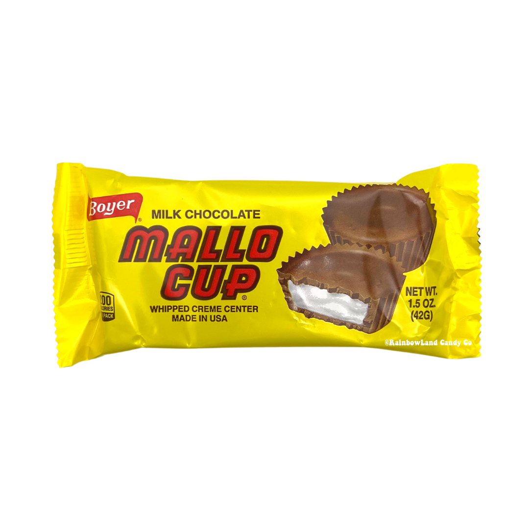 Mallo Cups with whipped marshmallow creme and milk chocolate packaging.