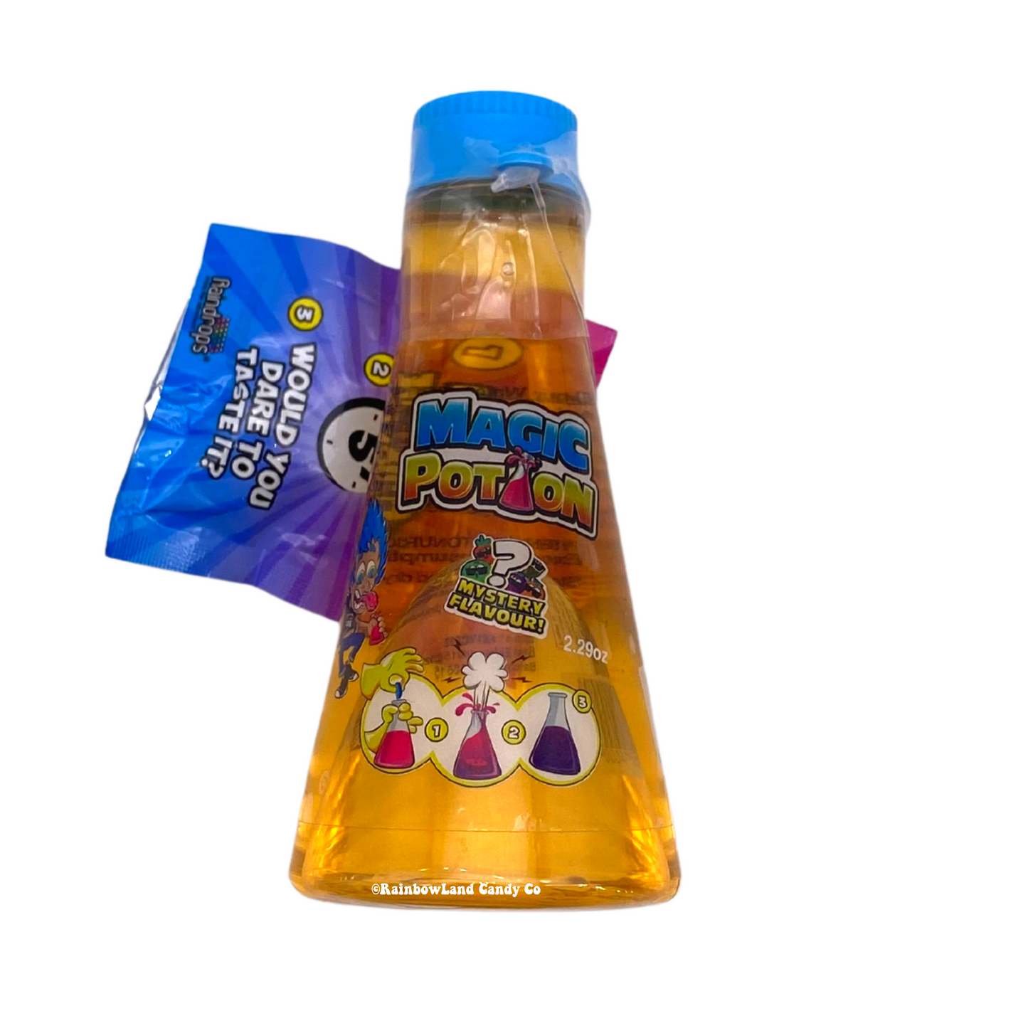 Magic Potion Liquid Candy with mystery flavor tablet and colorful packaging.