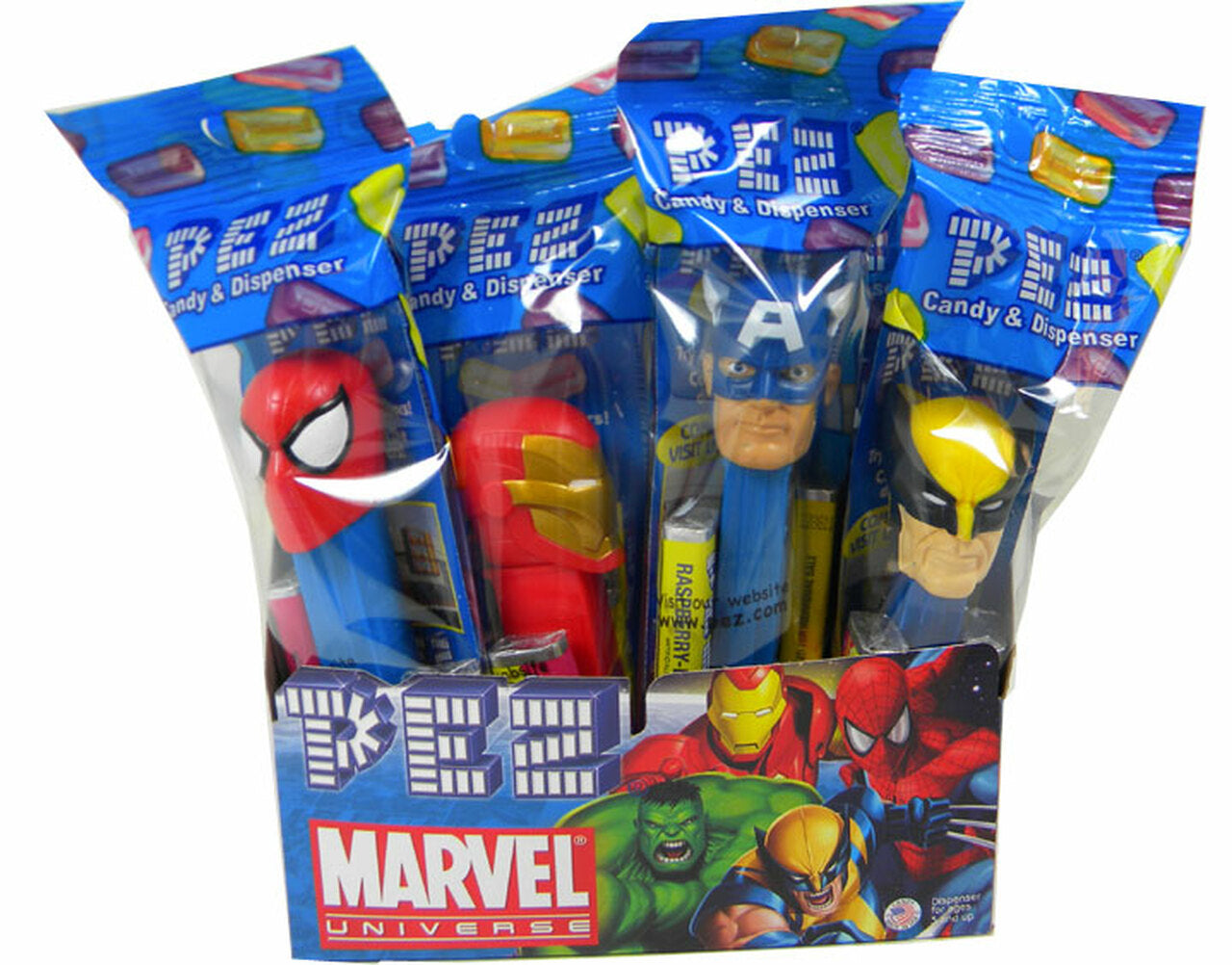 PEZ Marvel Universe candy dispensers featuring assorted superhero characters.