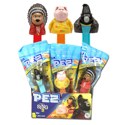 PEZ Sing 2 candy dispensers with various character designs, each individually wrapped with candy inside.