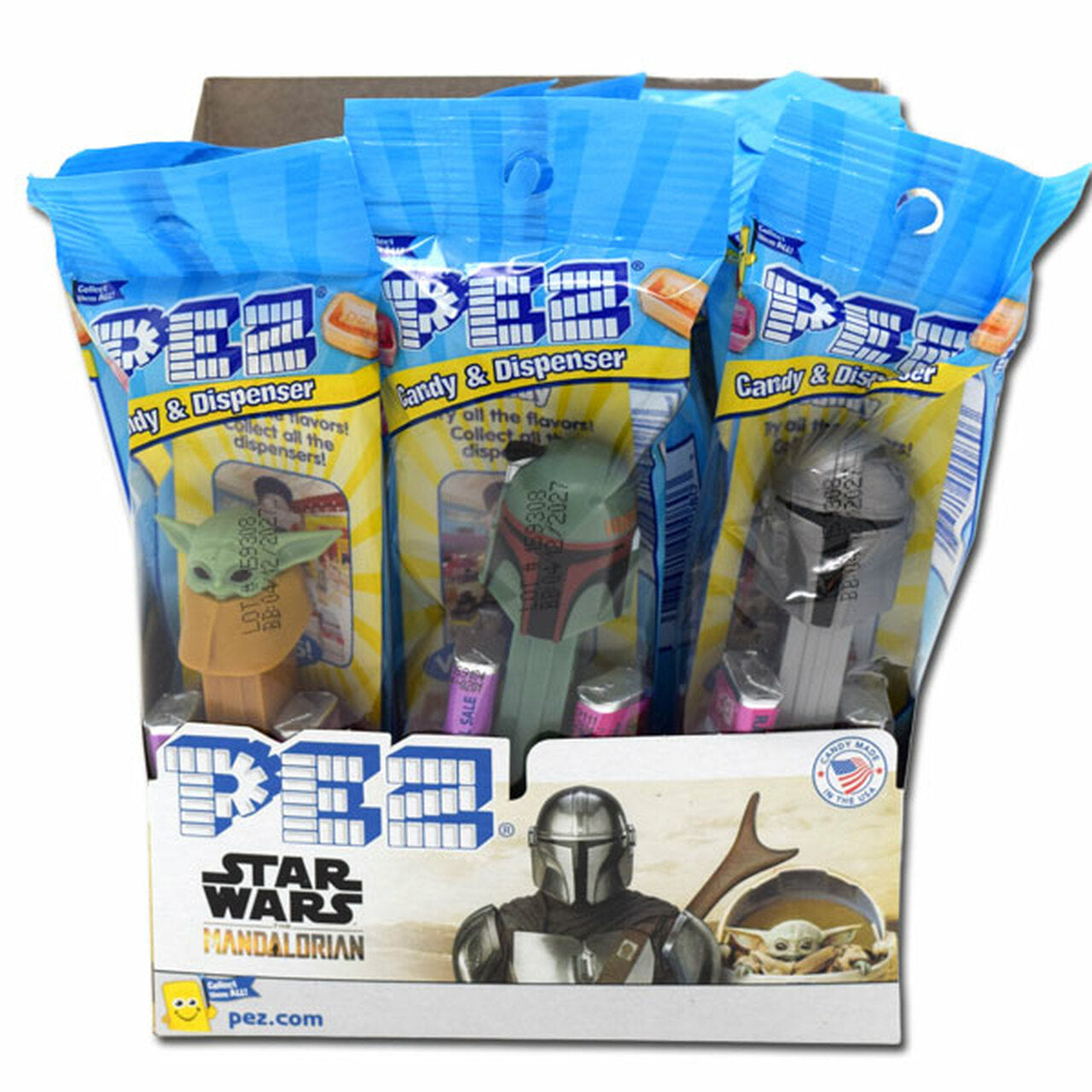 PEZ Star Wars Mandalorian dispensers with candy, featuring random character selection.
