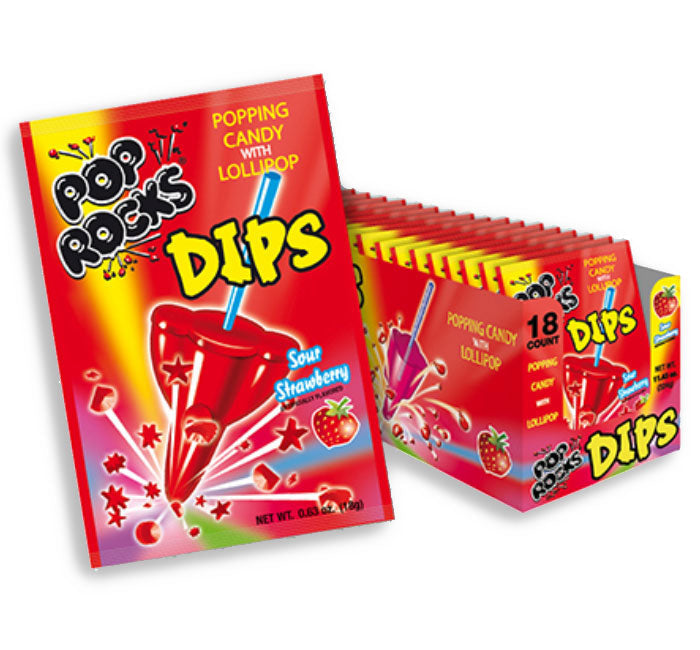 Pop Rocks Dips Sour Strawberry with lollipop packaging.
