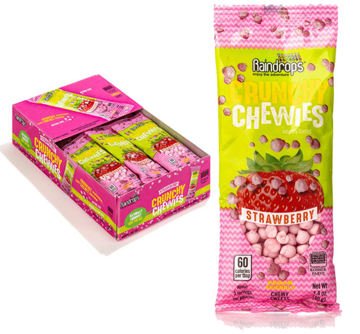Raindrops Crunchy Chewies Strawberry flavor candy packaging with chewy center and hard outer shell.