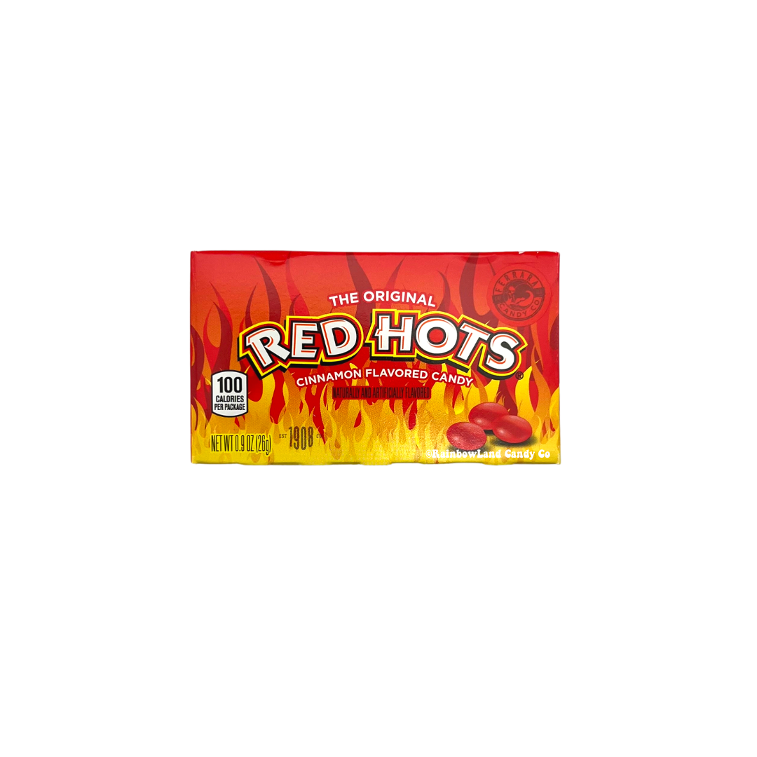 Red Hots cinnamon flavored candy box with fiery design.