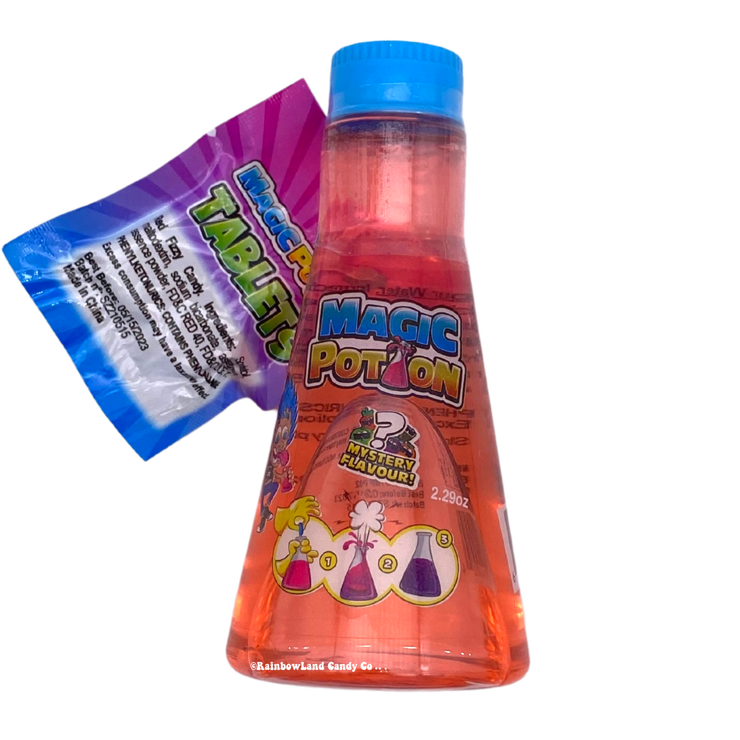 Magic Potion Liquid Candy with mystery flavor tablet in a colorful bottle.