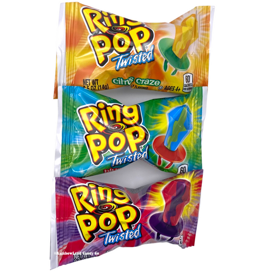 Ring Pop lollipop with colorful packaging in assorted flavors.