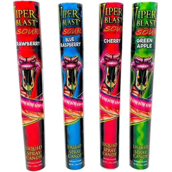 Viper Blast Sour liquid spray candy in four flavors: Strawberry, Blue Raspberry, Cherry, Green Apple.