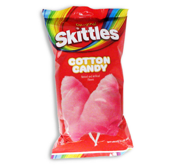 Skittles Cotton Candy in vibrant packaging with rainbow theme.