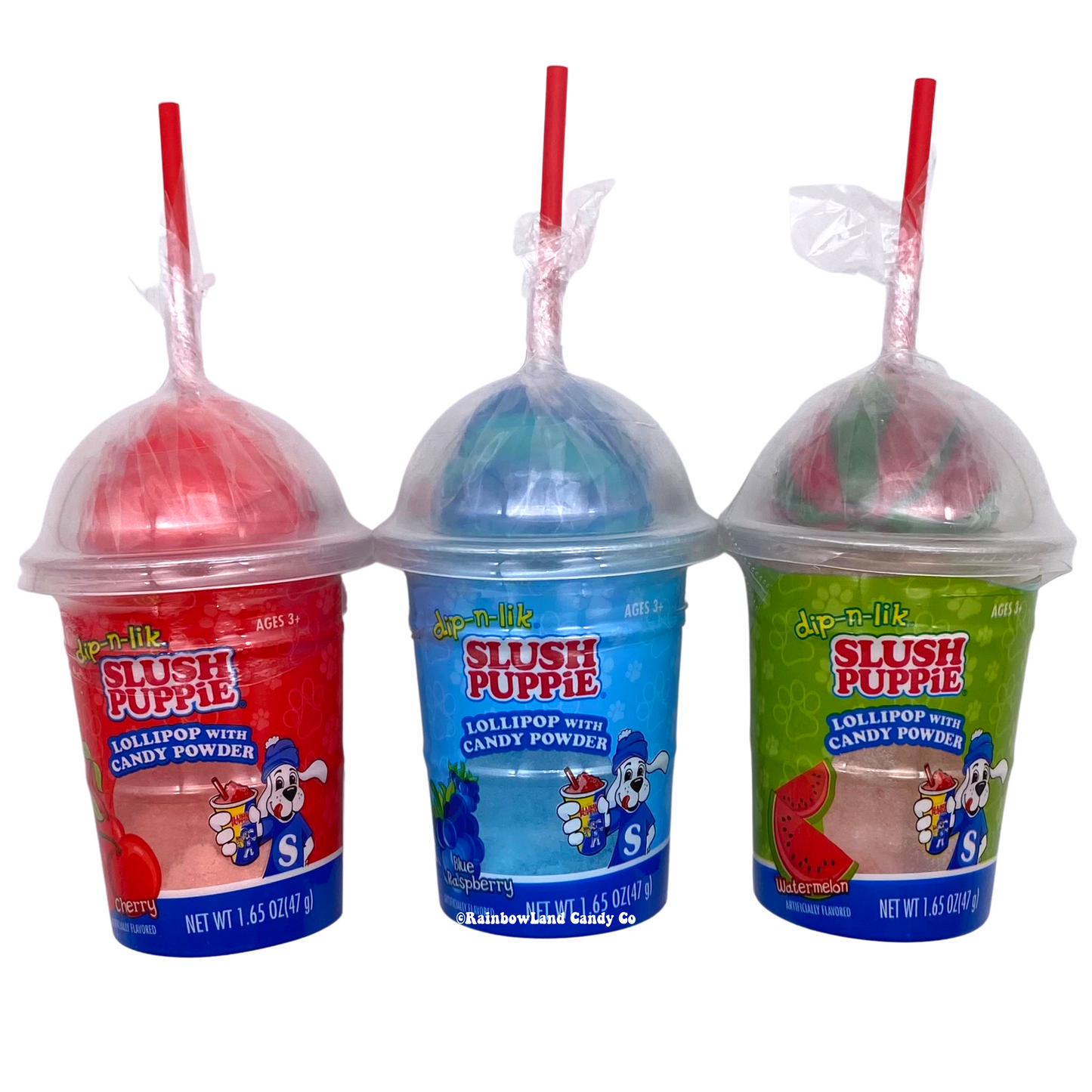 Slush Puppie Dip-N-Lik Candy in Cherry, Blue Raspberry, and Watermelon flavors.