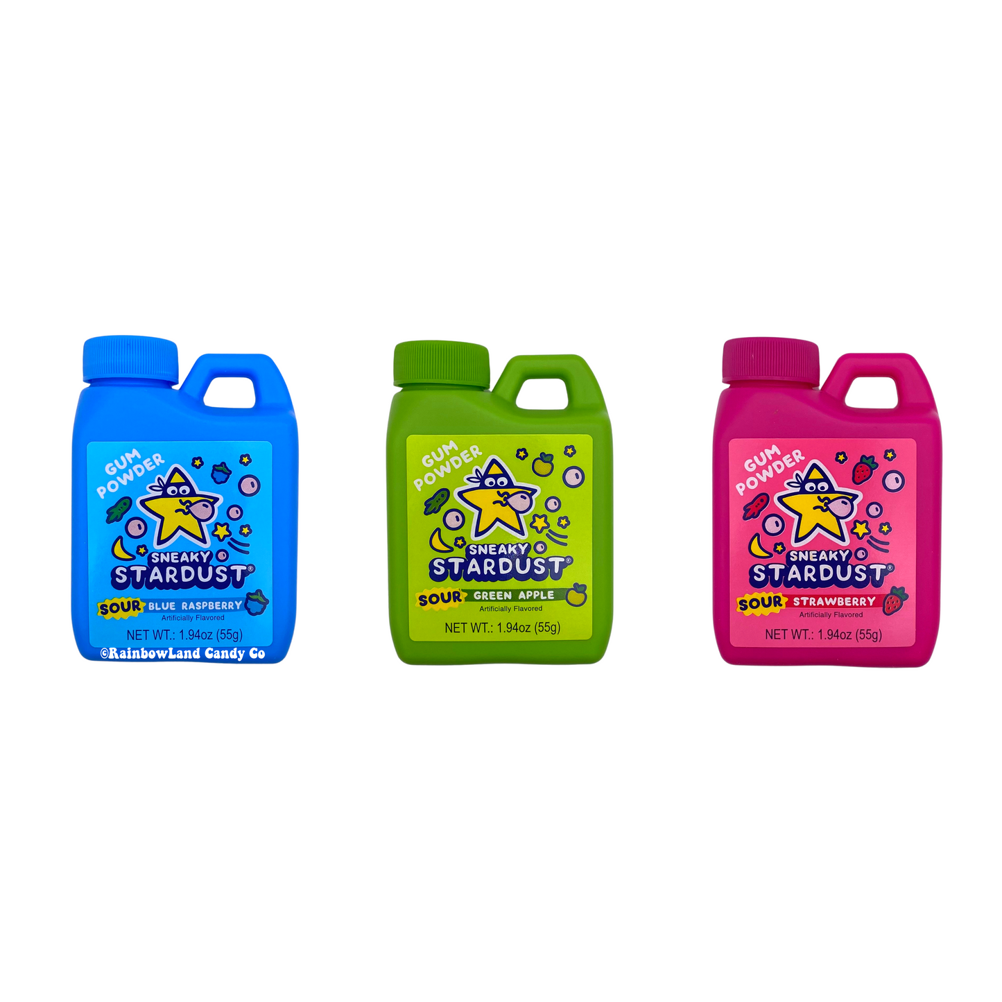 Sour Sneaky Stardust Gum Powder in Blue Raspberry, Green Apple, Strawberry flavors.
