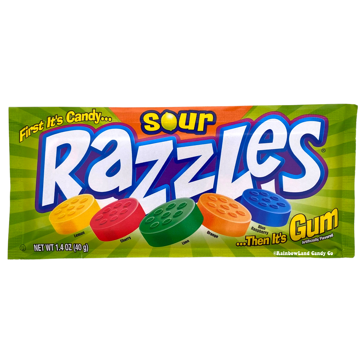 Razzles Nostalgic Candy - Sour in vibrant packaging, showcasing its dual candy-gum feature.