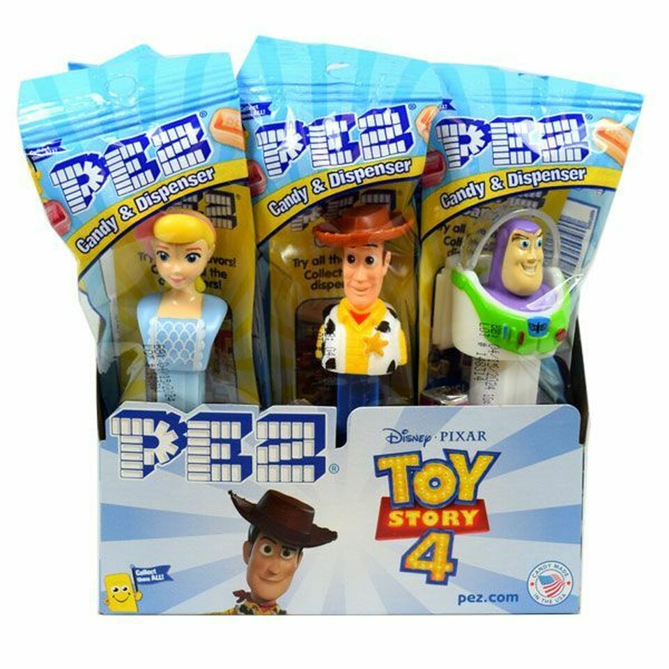 Pez Toy Story 4 candy dispensers featuring random characters, individually wrapped with candy inside.