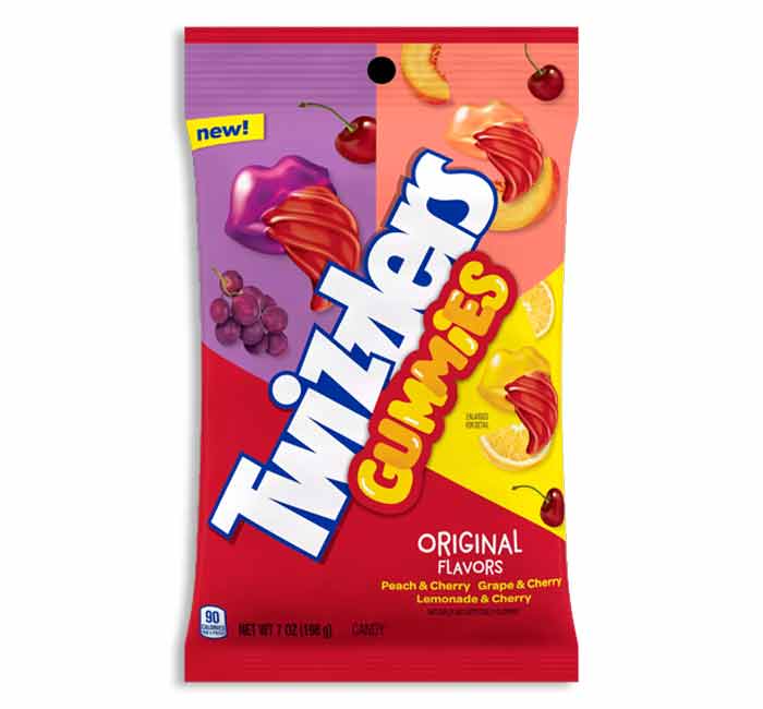 Twizzlers Gummies bag featuring Peach & Cherry, Grape & Cherry, Lemonade & Cherry flavors.
