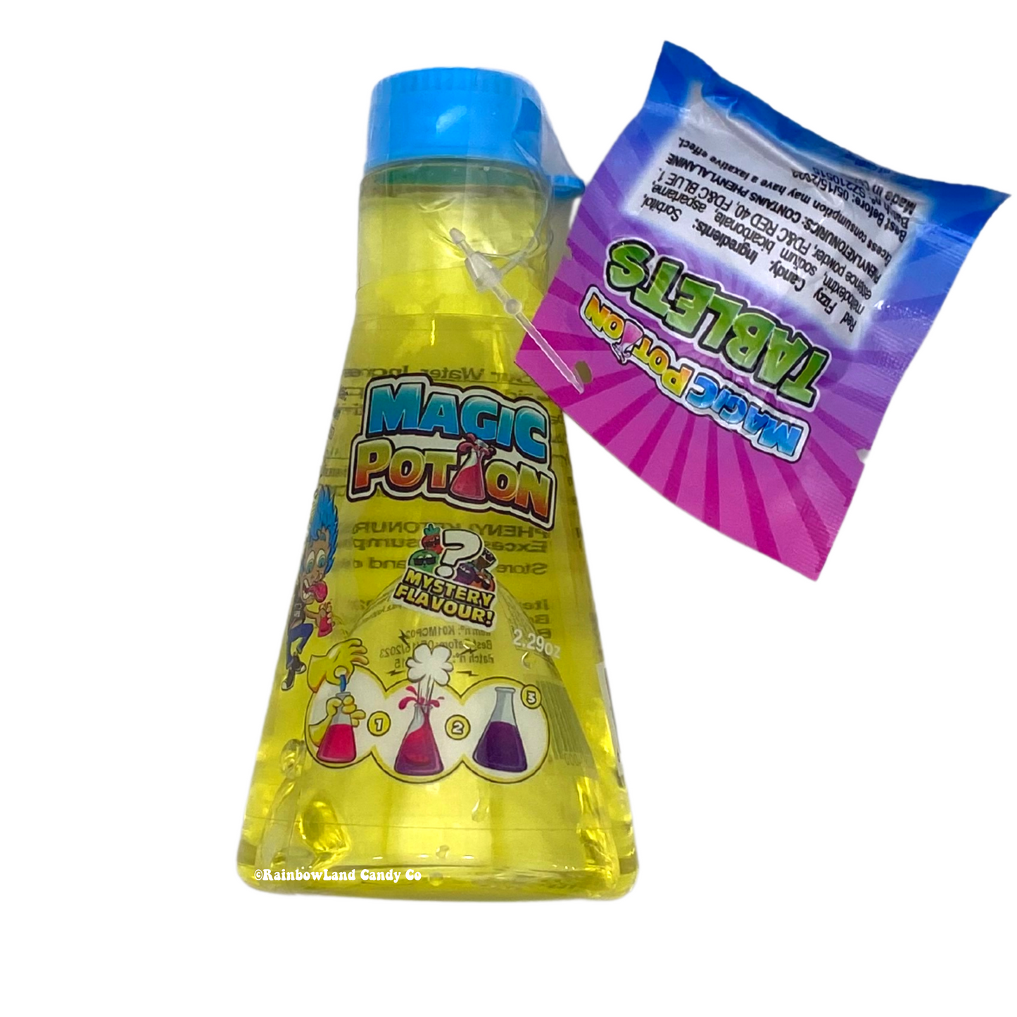 Magic Potion Liquid Candy bottle with colorful tablet pouch attached.