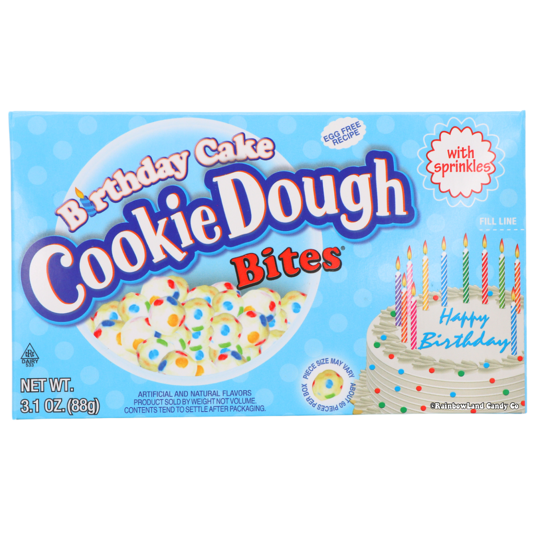 Cookie Dough Birthday Cake Bites box with colorful sprinkles and birthday cake design.