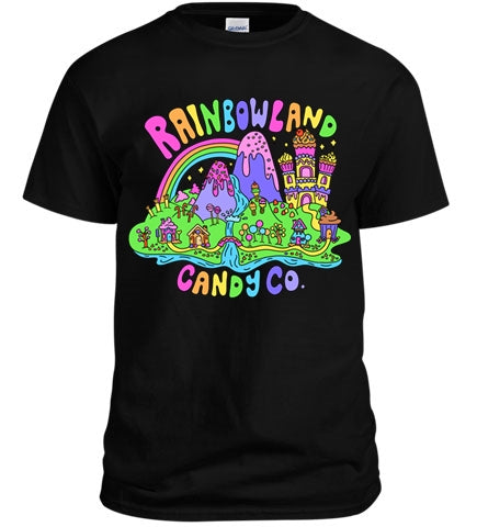Black Logo Shirt with RainbowLand Candy Co design.