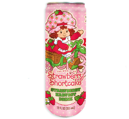 Berry-themed can design featuring Strawberry Shortcake on a bike, 12 oz, whimsical pink polka dots.