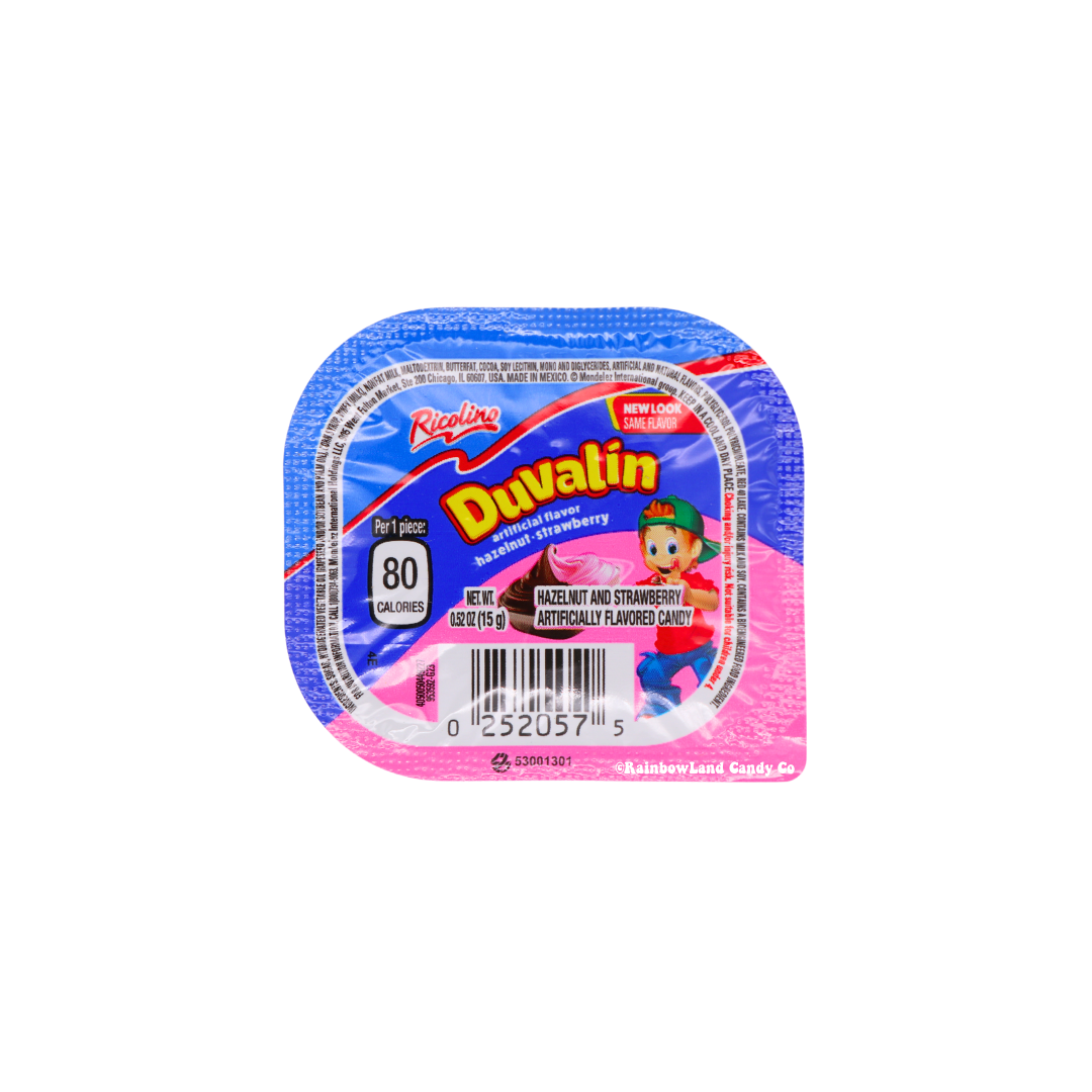 Duvalin Strawberry and Hazelnut cream candy packaging.