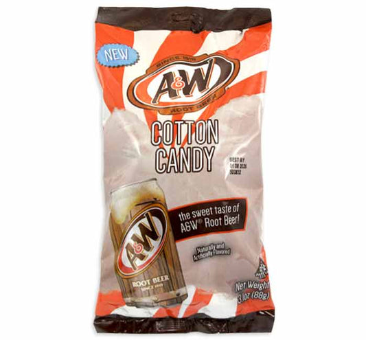 A&W Root Beer Cotton Candy packaging with creamy spiced root beer flavor, 3.1 oz.