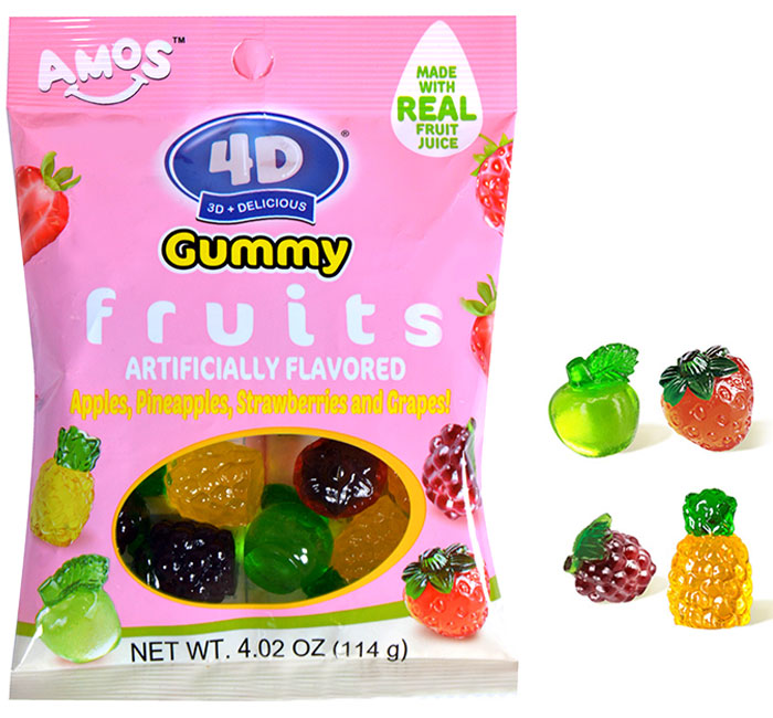 4D Gummy Fruits bag with assorted gummy apples, pineapples, strawberries, and grapes, 4.02 oz.