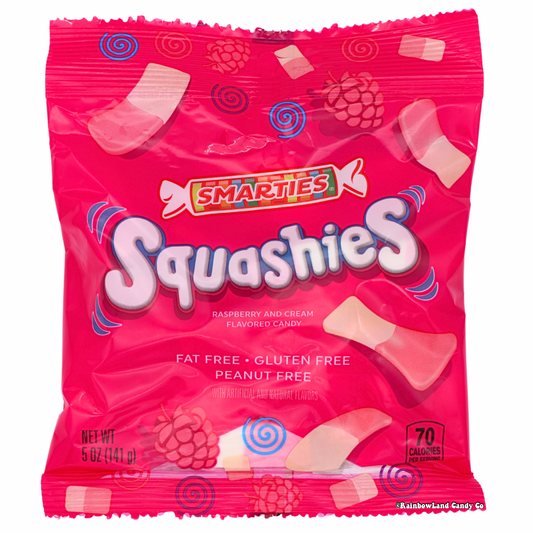 Smarties Squashies Raspberry and Cream flavored candy package.