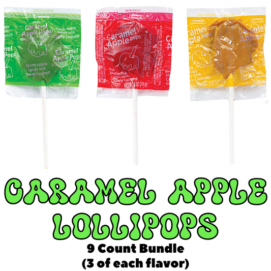 Caramel apple lollipop bundle with three flavors: green apple, red macintosh, and golden delicious.