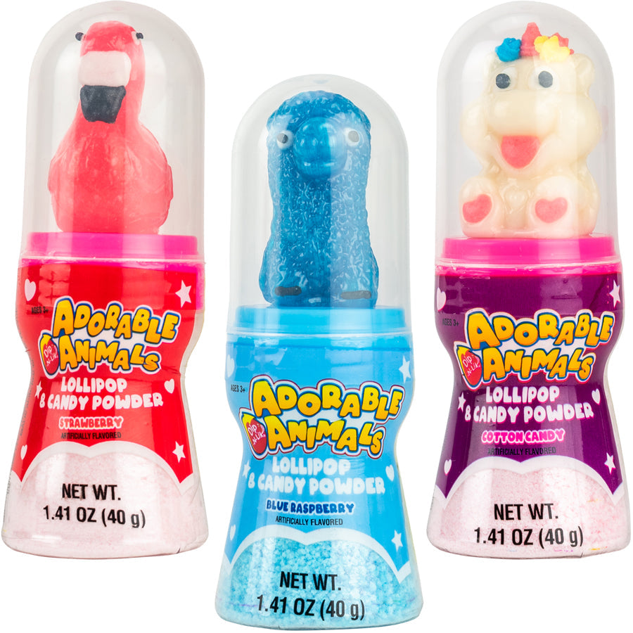 Adorable Animals Dip-N-Lik novelty candy 1.41oz shown in three flavors — strawberry with pink flamingo lollipop in red container, blue raspberry with blue llama lollipop in blue container, and cotton candy with white unicorn lollipop in purple container.