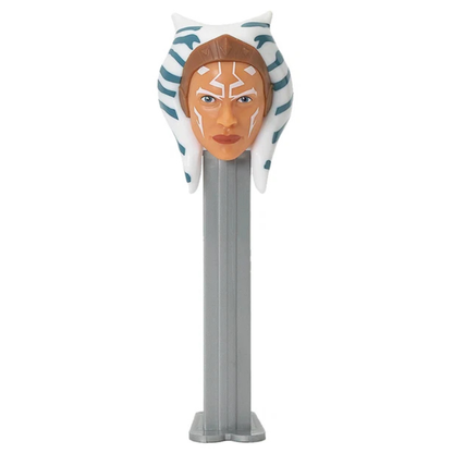 Ahsoka Tano PEZ dispenser, white and blue striped headtails, orange skin with white face markings, gray dispenser.