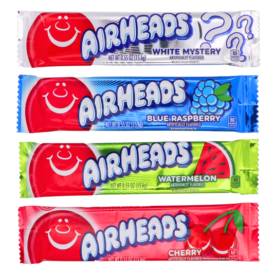 Airheads chewy and tangy taffy candies in White Mystery, Blue Raspberry, Watermelon, and Cherry flavors.