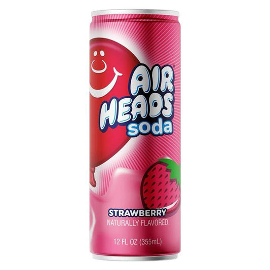 Pink 12 fl oz Airheads Strawberry Soda can featuring bold Airheads branding, a strawberry graphic, and naturally flavored labeling.