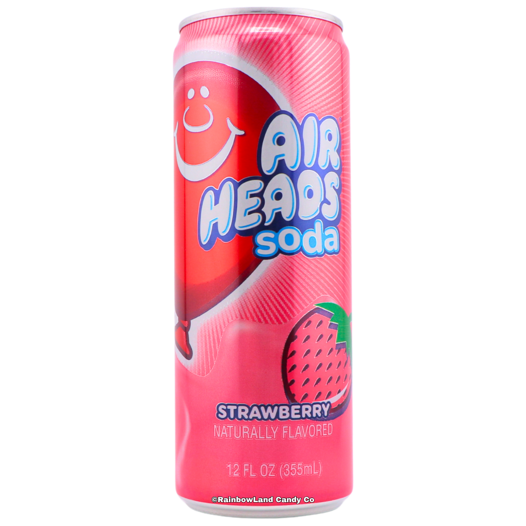 Pink 12 fl oz Airheads Strawberry Soda can featuring bold Airheads branding, a strawberry graphic, and naturally flavored labeling.