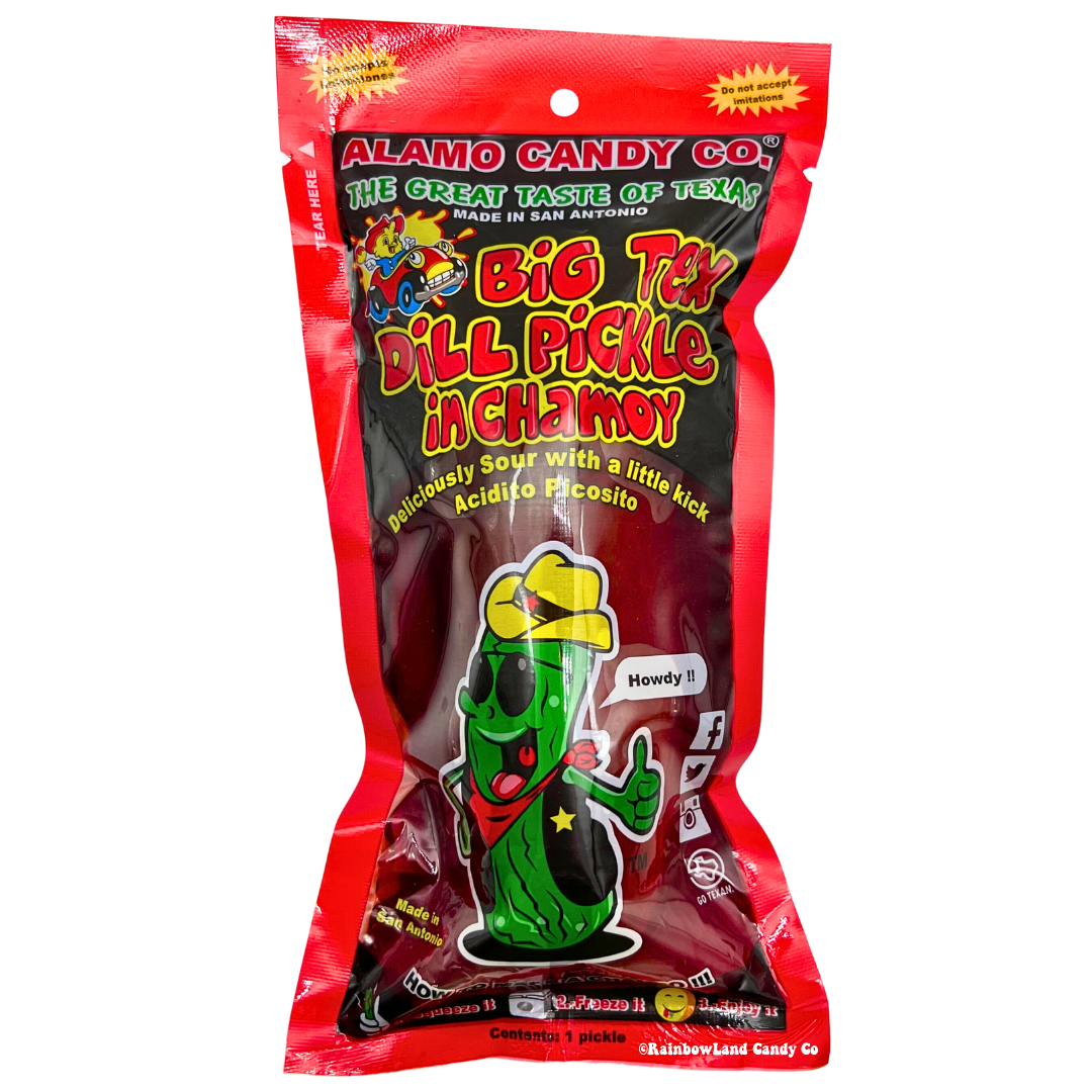 Alamo Candy Co Big Tex Dill Pickle in Chamoy, a whole dill pickle soaked in chamoy sauce made in San Antonio Texas, shown in red packaging with a cartoon cowboy pickle mascot.