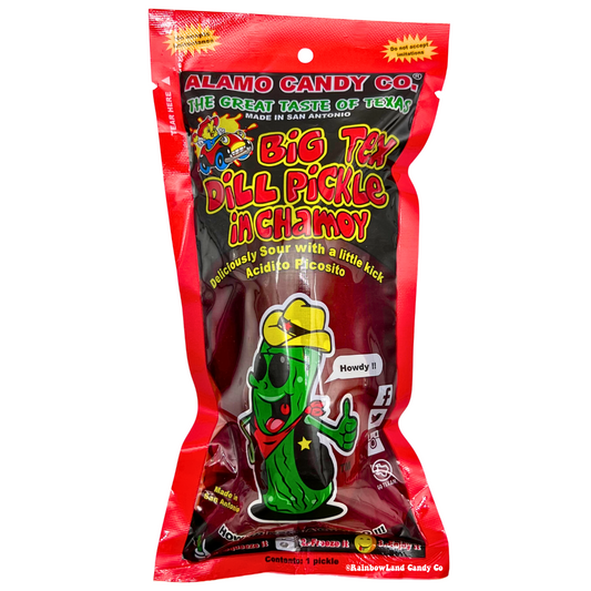 Alamo Candy Co Big Tex Dill Pickle in Chamoy, a whole dill pickle soaked in chamoy sauce made in San Antonio Texas, shown in red packaging with a cartoon cowboy pickle mascot.