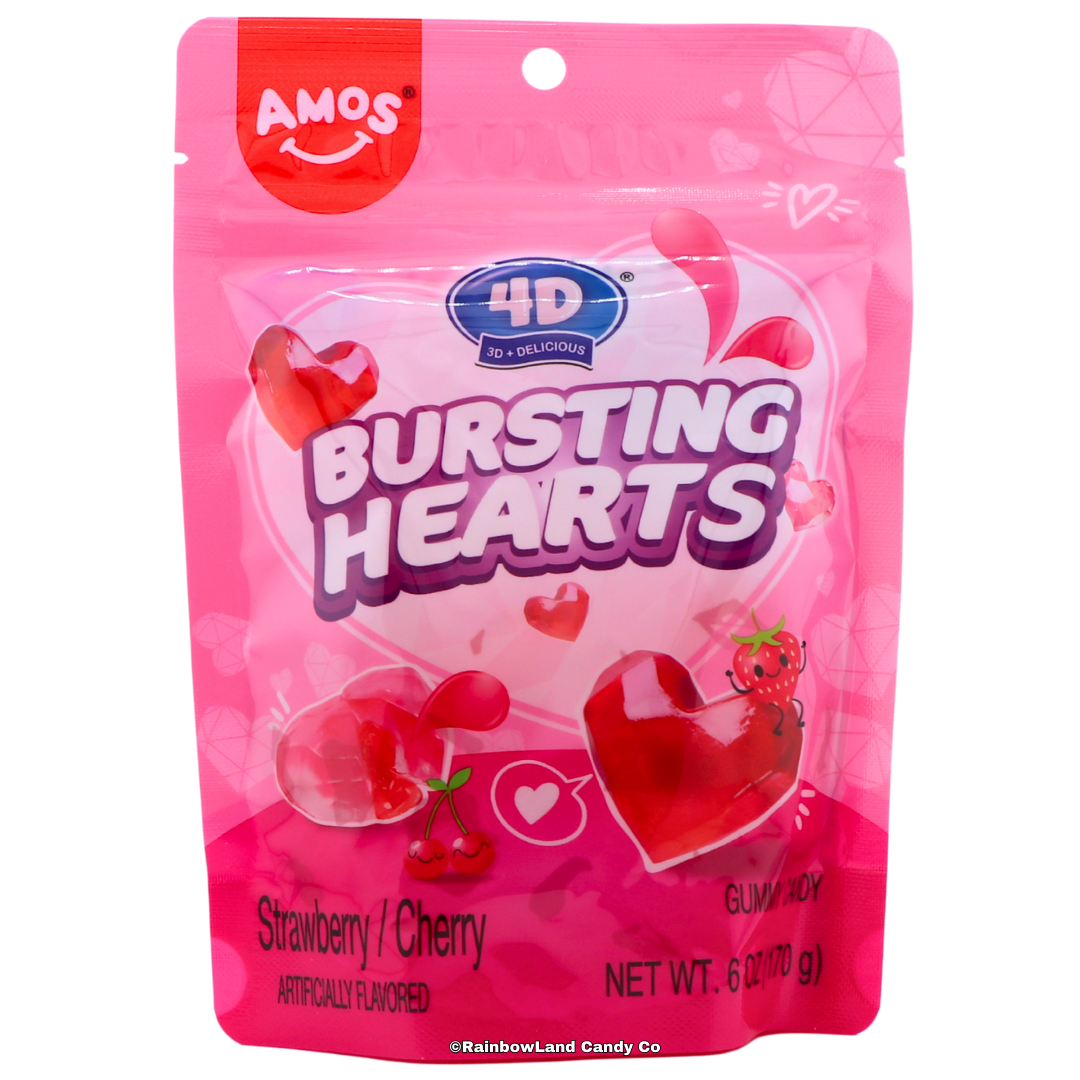 Front view of a pink Amos 4D Gummy Bursting Hearts candy bag showing heart-shaped gummies with a liquid-filled center, strawberry and cherry flavors, net weight 6 ounces.