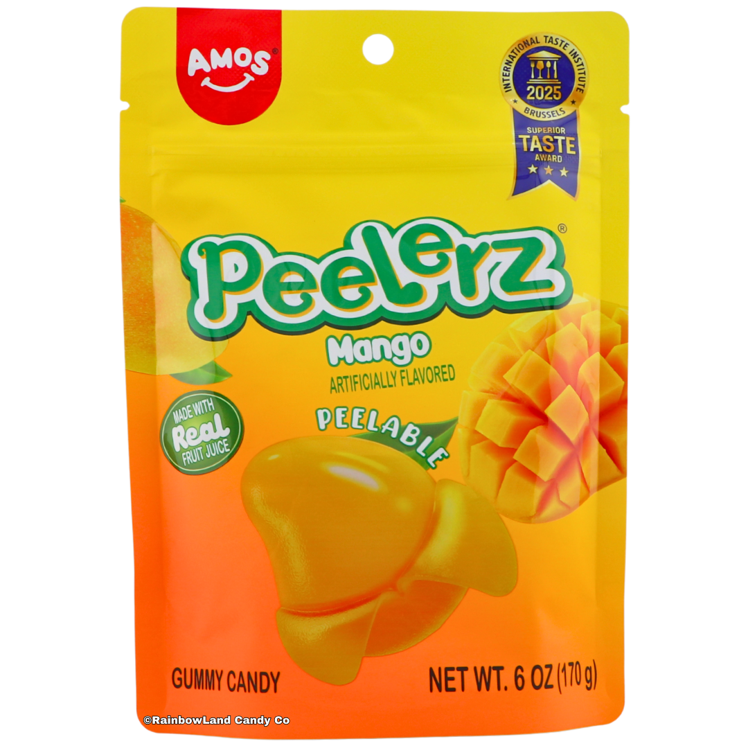 Amos Peelerz Mango peelable gummy candy 6oz bag made with real fruit juice 2025 International Superior Taste Award winner mango shaped gummies