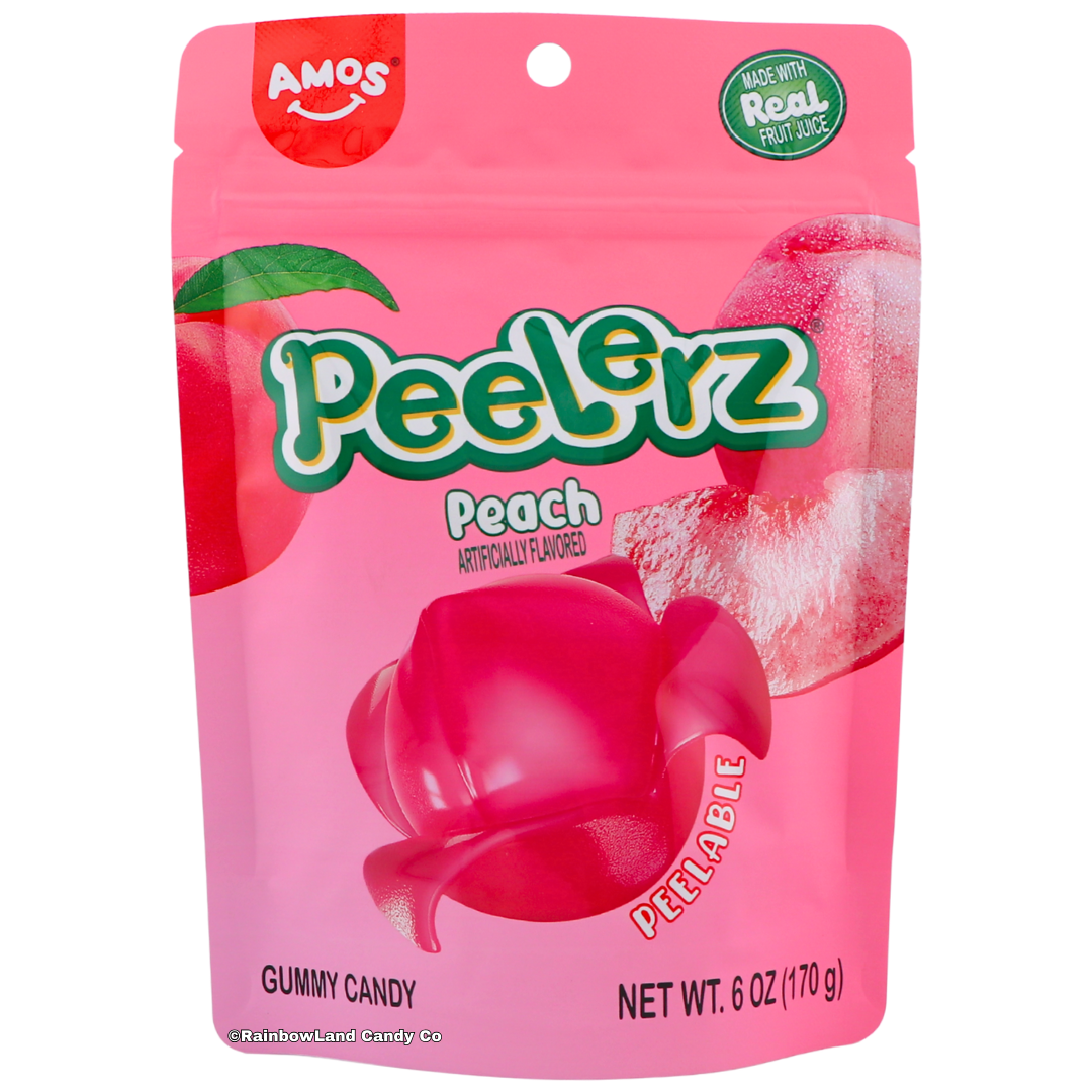 Amos Peelerz Peach peelable gummy candy 6oz bag made with real fruit juice peach shaped gummies artificially flavored