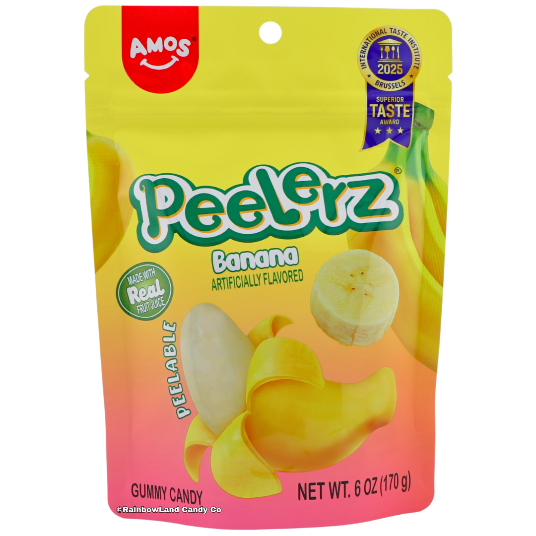 Amos Peelerz Banana peelable gummy candy 6oz bag made with real fruit juice 2025 International Superior Taste Award winner banana shaped gummies