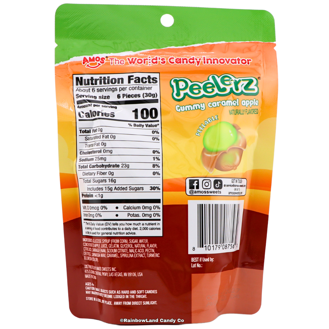 Back of Amos Peelerz Caramel Apple bag showing the nutrition facts panel, ingredient list, and an image of the peelable gummy candy with its caramel-colored shell peeled back to reveal the green apple gummy center.