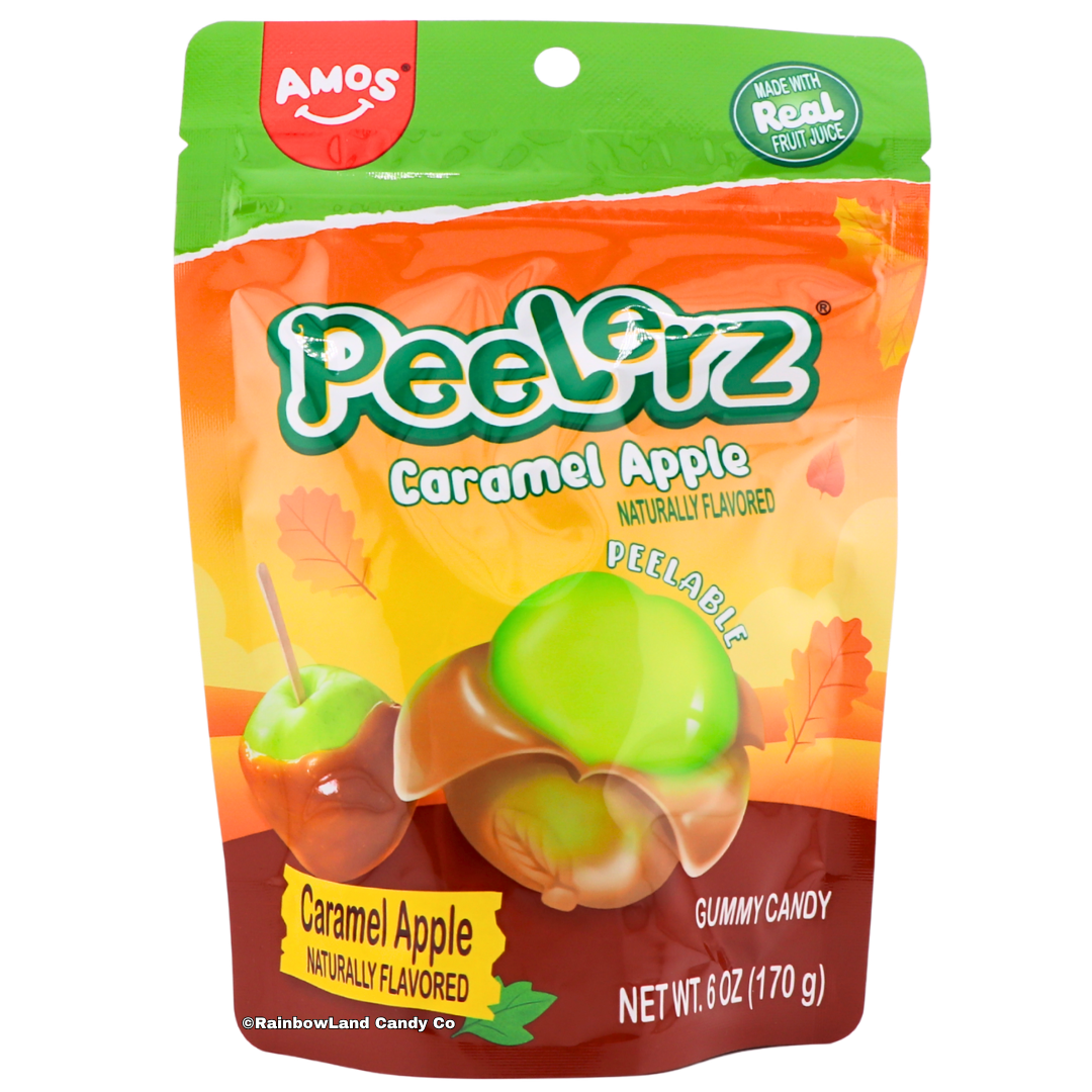 Orange and brown Amos Peelerz Caramel Apple gummy candy bag featuring a green apple dipped in caramel alongside a peelable green gummy revealing a caramel-colored apple shape inside, naturally flavored, net weight 6 oz (170g).