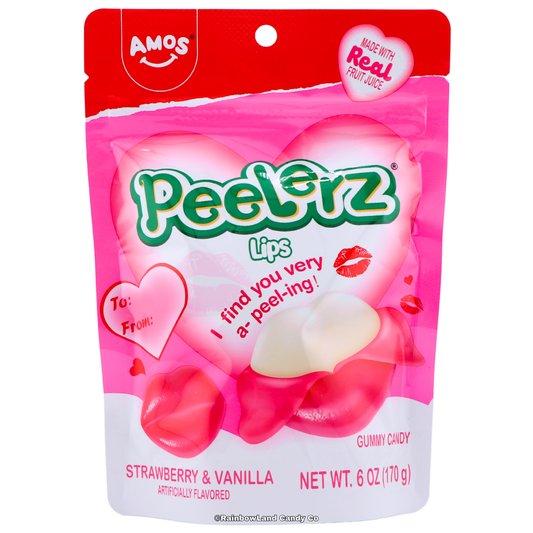 Pink resealable bag of Amos Peelerz Gummy Lips candy with lip-shaped peelable gummies on the front, labeled strawberry and vanilla flavor, 6 ounce package.