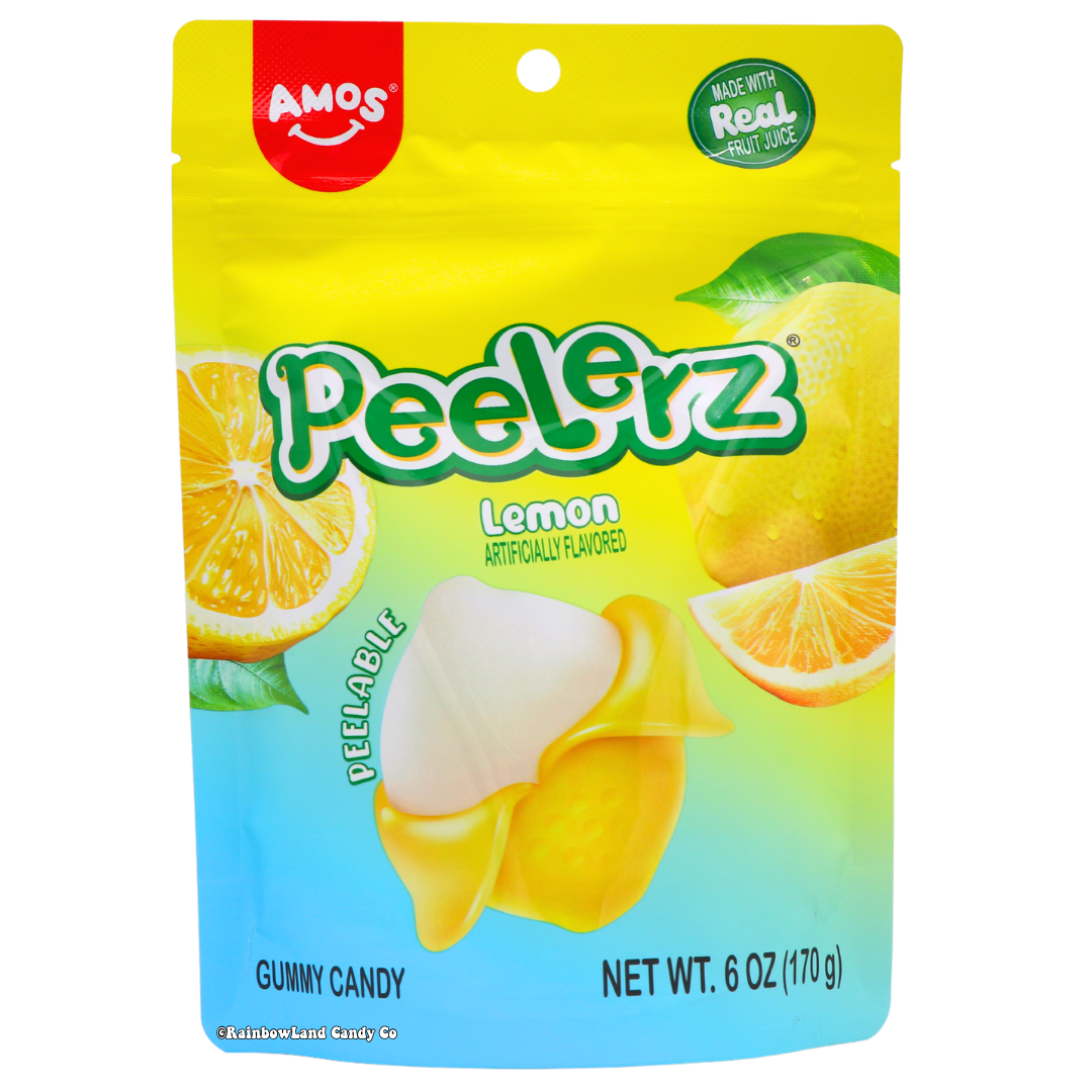Amos Peelerz Lemon peelable gummy candy 6oz bag made with real fruit juice lemon shaped gummies with yellow outer peel and soft white creamy center
