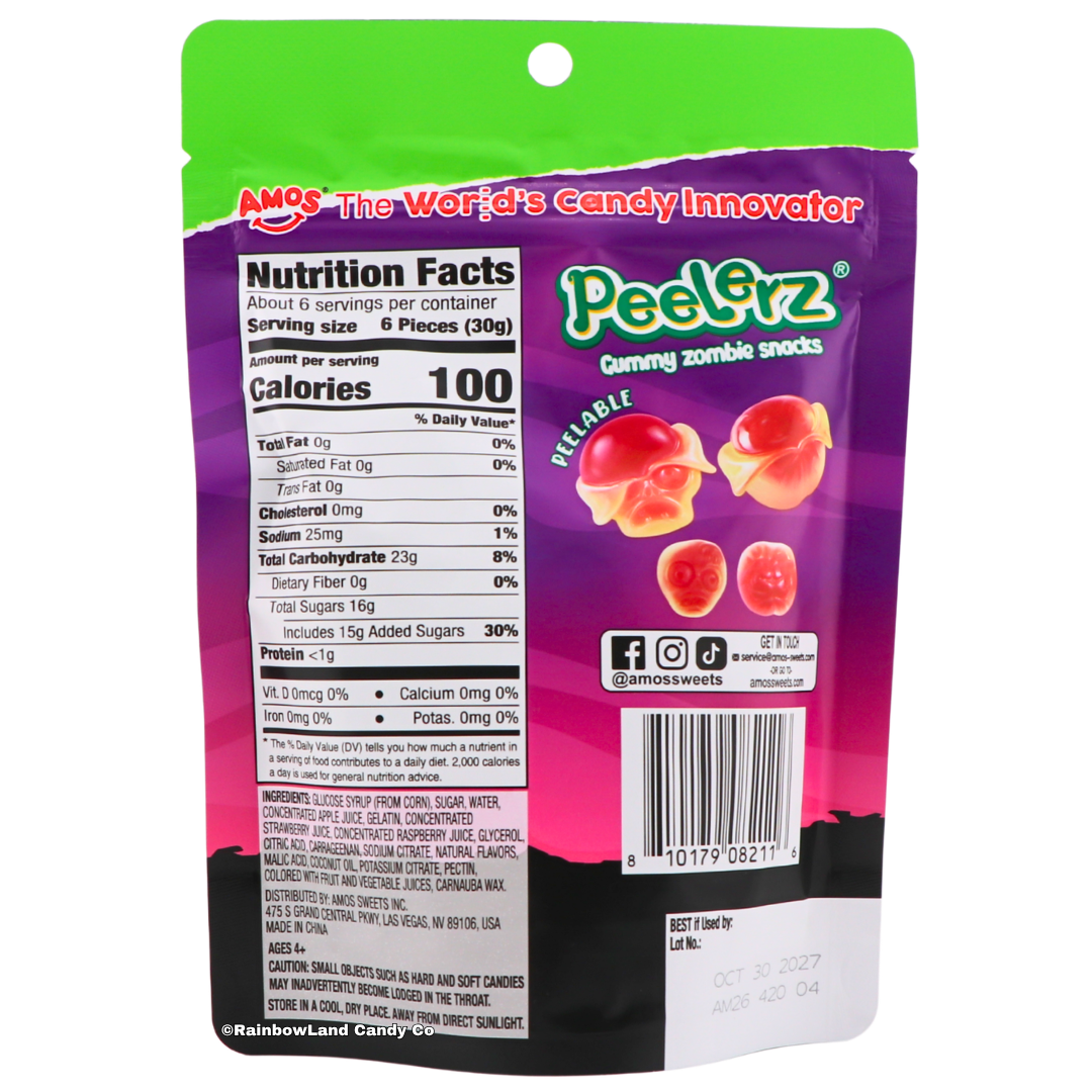 Back of Amos Peelerz Zombie Snacks bag showing the nutrition facts panel, ingredient list, and images of the peelable skull-shaped gummy candies revealing a skull design underneath.