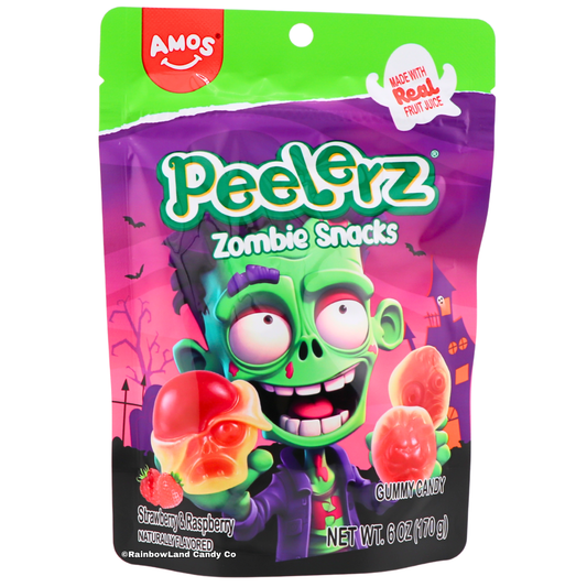 Purple and green Amos Peelerz Zombie Snacks gummy candy bag featuring a cartoon zombie character holding peelable skull-shaped gummies, Strawberry & Raspberry flavor, naturally flavored, net weight 6 oz (170g).