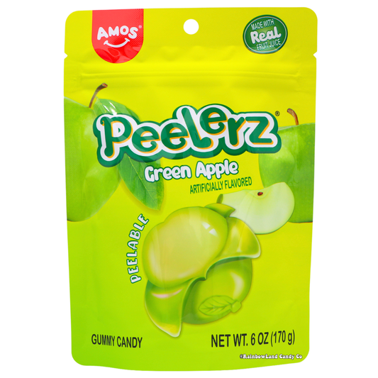 Amos Peelerz Green Apple peelable gummy candy 6oz bag made with real fruit juice bright green apple shaped gummies with tangy outer peel and softer sweet center